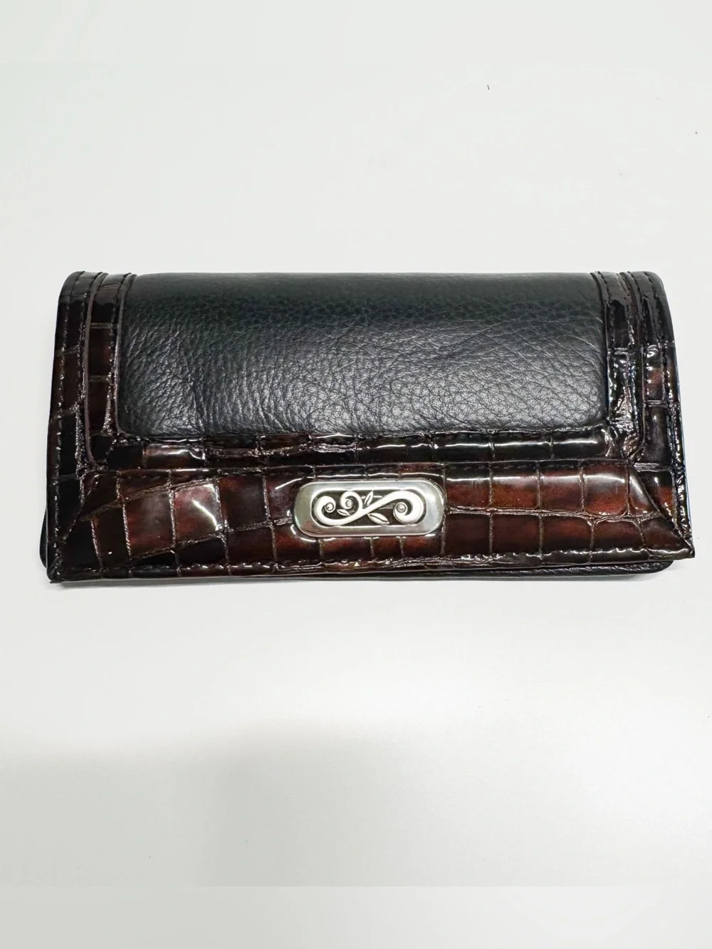 Brighton Black Brown Croc Leather Checkbook Cover Cardholder Bill Fold 7x4